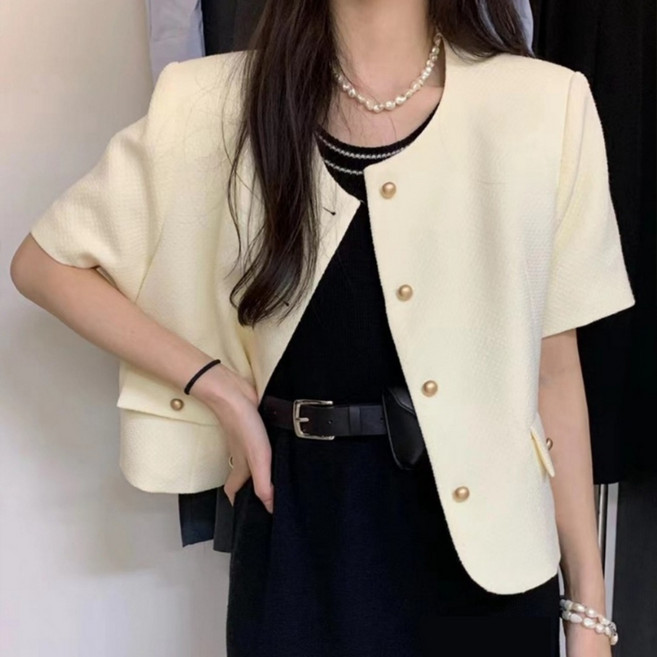 패피샵 여성 여름 반팔 노카라 크롭 트위드 자켓