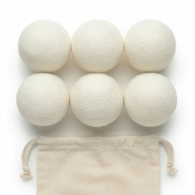 코코바움 건조기 양모 울드라이어볼, 내추럴 화이트 (파우치 포함), 6개