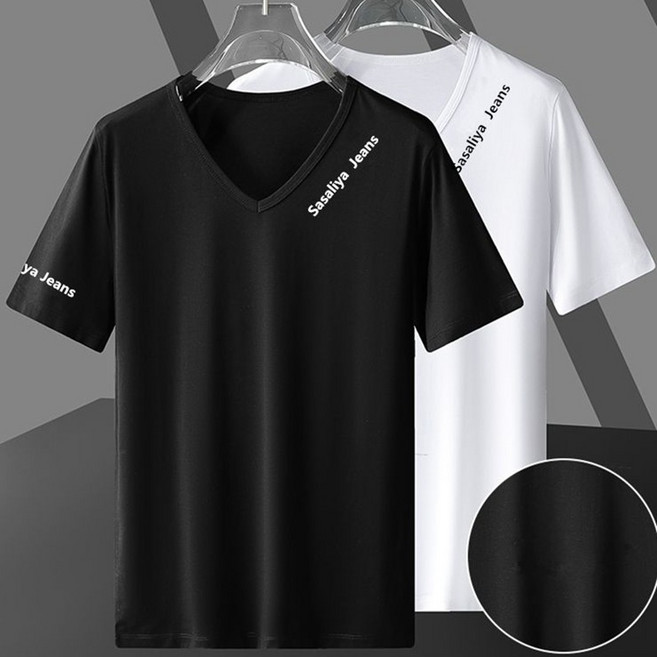 1+1 남성 브이넥 슬림 반팔 티셔츠 스판 남자 심플 스포츠 헬스 기본티 편안한 통근 티셔츠