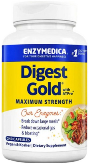 Enzymedica 다이제스트 골드 AT프로 맥시멈 스트렝스 엔자임 포뮬라 240정 아밀라아제 프로테아제 리파아제 및 락타아제를 포함한 14가지 주요 효소, 2개