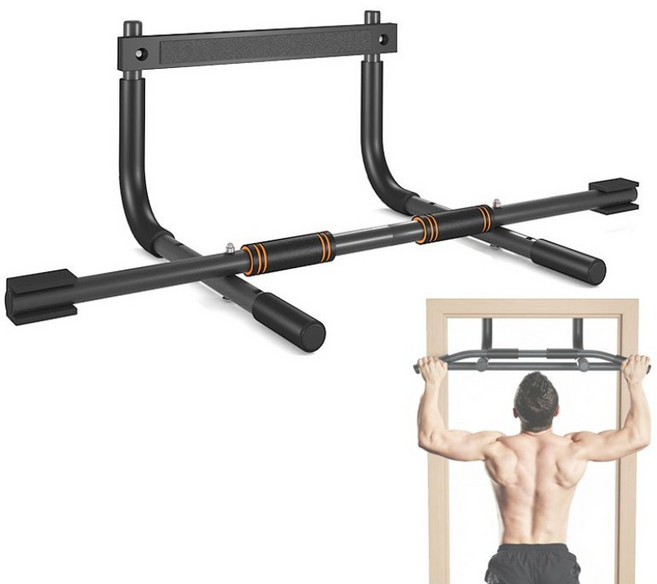 2단 문틀 철봉 높이조절 와이드그립 턱걸이 풀업바 더블 철봉 미끄럼 방지 가정용 실내 운동 기구 구멍 없이 설치, 검정