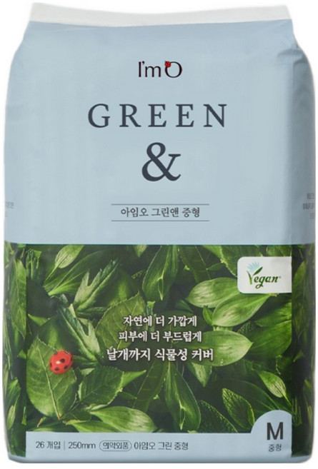 [비건라이프] 아임오 그린앤 생리대 날개형, 중형, 26개입, 1개