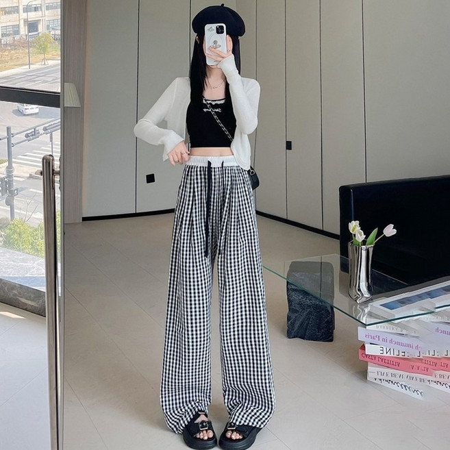 韓版薄款格紋寬褲 垂墜感女裝
