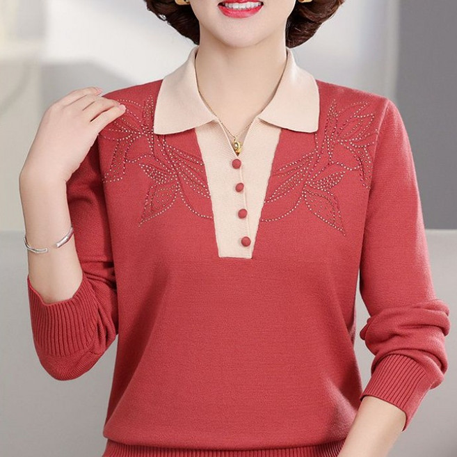 중년 여성 봄 가을 칼라 긴팔 티셔츠 플라워 자수 디자인 오버사이즈 셔츠 YLP