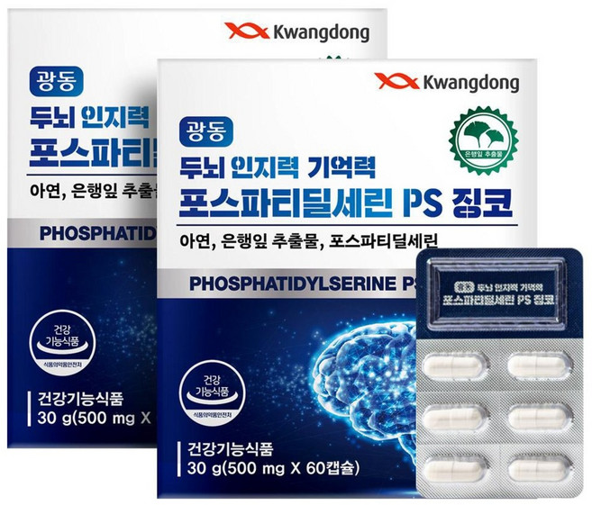 광동 두뇌 인지력 기억력 포스파티딜세린 PS 징코 은행잎 추출물 혈행개선, 2개, 60정