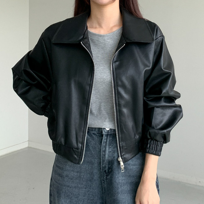 행복여 로니 카라 가죽 레더 집업 자켓