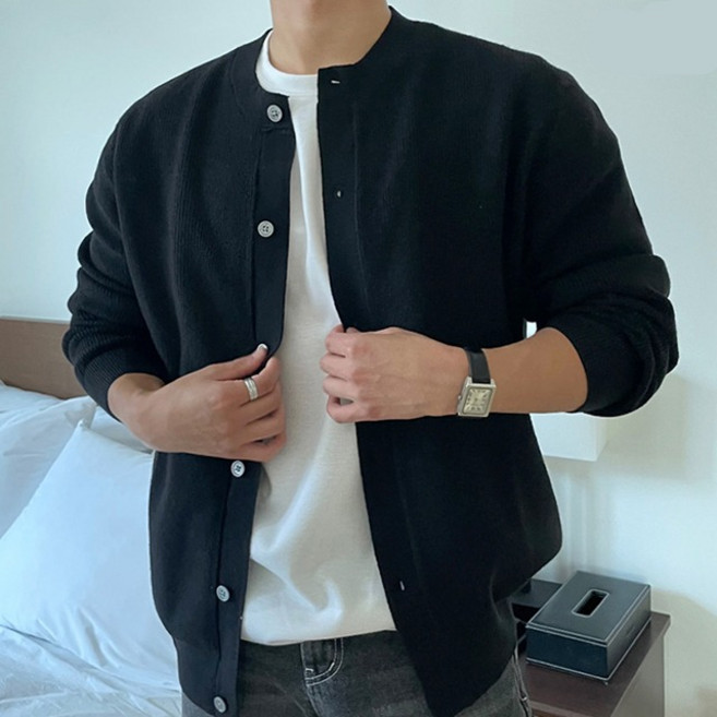 남성 크루넥 골지 니트 가디건 라운드넥 오버핏 봄 간절기 아우터 WI010G