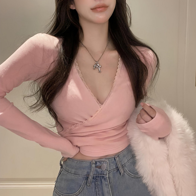 IBOY UGIRL 여성 딥 브이넥 그룹 레이스 이너 긴팔티