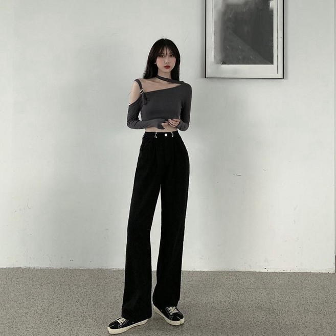 韓版高腰顯瘦寬鬆牛仔褲 寬褲 女裝