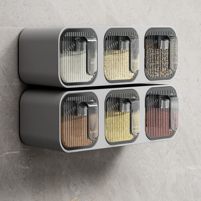 무타공 양념통 세트 주방 벽걸이 조미료통 서랍형 소금통 부착식 다용도 보관용기 스푼 YHY, 그레이 6칸, 1개