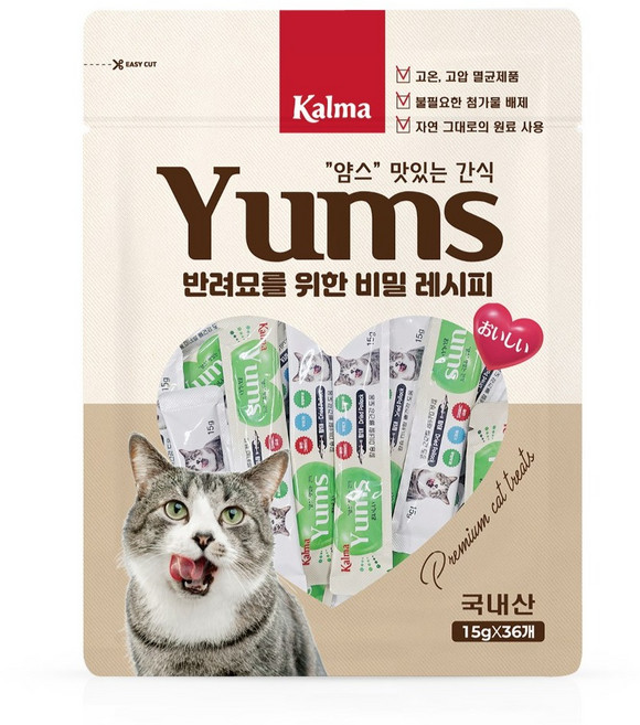 칼마 국내산 고양이 대용량 가성비 짜먹는 간식 얌스 황태 15g x 36개 / 108개