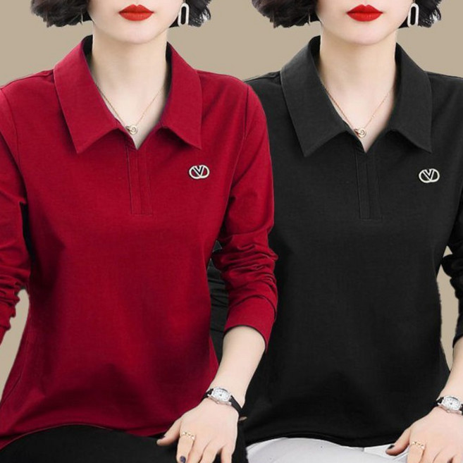 메인워크 1+1 중장년여성 빅사이즈 카라넥 긴팔 티 가을 겨울 루즈핏 솔리드 엄마옷 고급 캐주얼 데일리 골프웨어 간절기 상의 폴로 셔츠 2매입