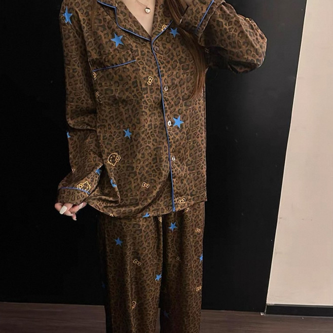 [노아르파자마] 여성 키티 호피 패턴 파자마 세트 긴팔 긴바지 홈웨어 잠옷