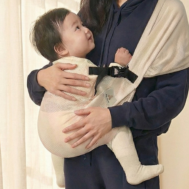 꿀잠 포켓 사이드 힙시트 아기띠 휴대용 초경량 포대기 메쉬, 아이보리