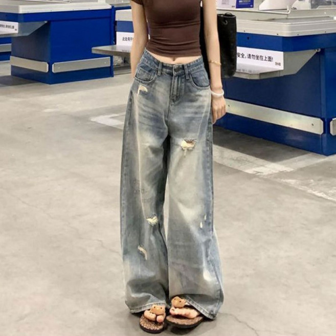 SAHINER 여성 데님 와이드 팬츠 찢어진 루즈핏 캐주얼 여름용 BPD12