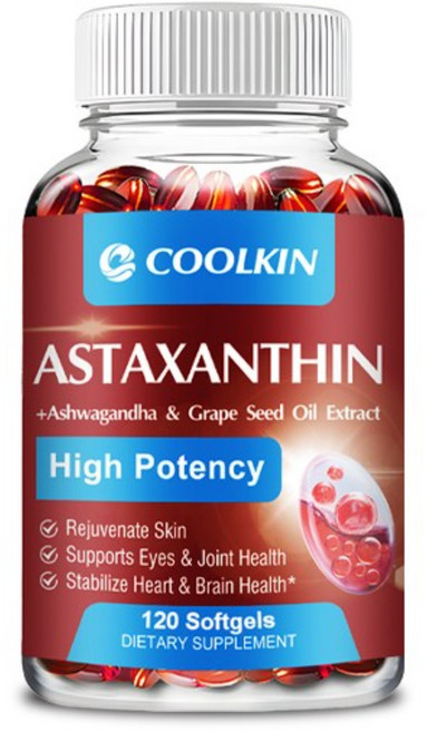 아스타잔틴 보충제 24mg 코코넛 MCT 오일 포도씨 오일이 함유된 신선한 미세조류 아슈와간다 - 건강한 피부 눈 노화를 위한 항산화제 - 비유전자변형 & 글루텐 프리, 3개, 120정