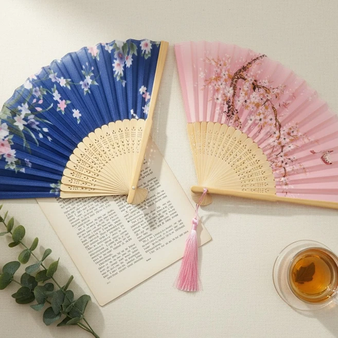 루타미 접이식 대나무 패브릭 부채 2종세트, 1세트, 네이비+핑크 - 쿠팡