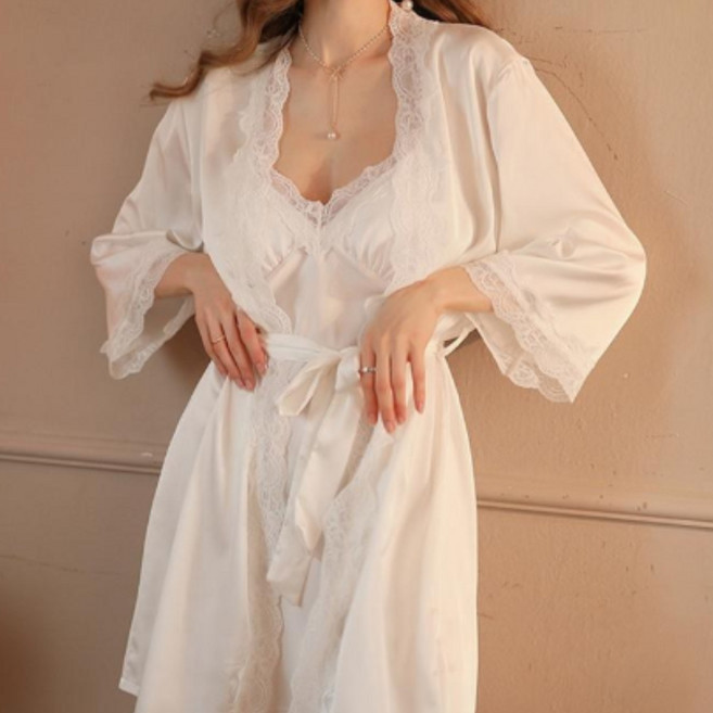 에밋 여성 섹시 란제리세트 레이스 슬립 원피스+가운