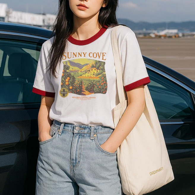 데일로엔 여성 여름 캐주얼 프린팅 배색 반팔 티셔츠