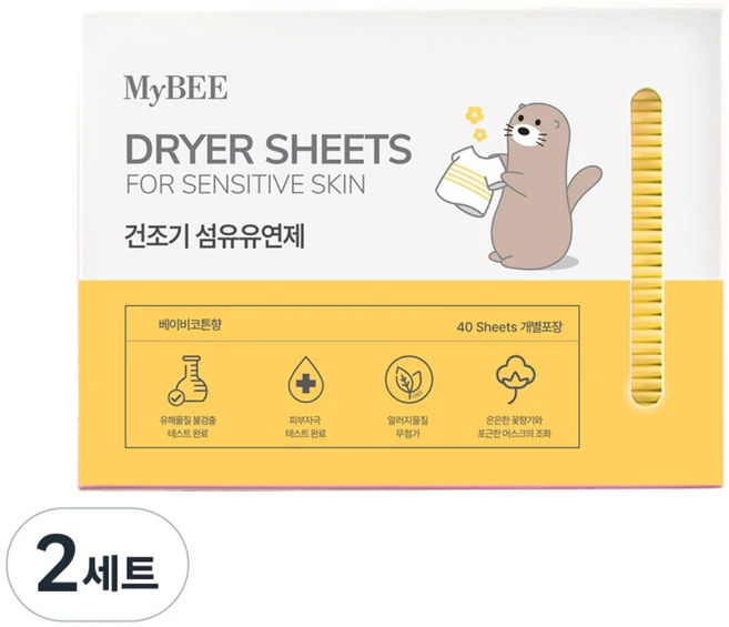 마이비 피부에순한 건조기시트 섬유유연제 베이비코튼향, 40개입, 2세트 - 쿠팡