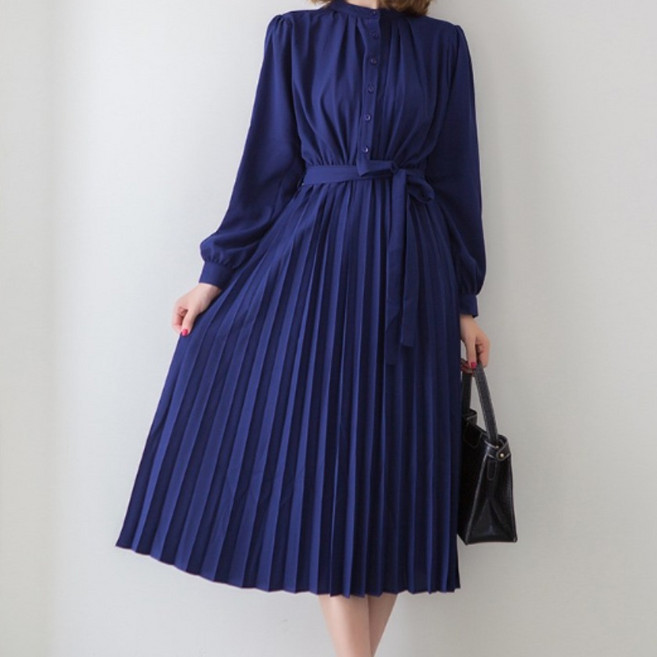 ZAJA 여성 긴팔 플리츠 원피스 스트랩 셔링 오피스룩 롱원피스