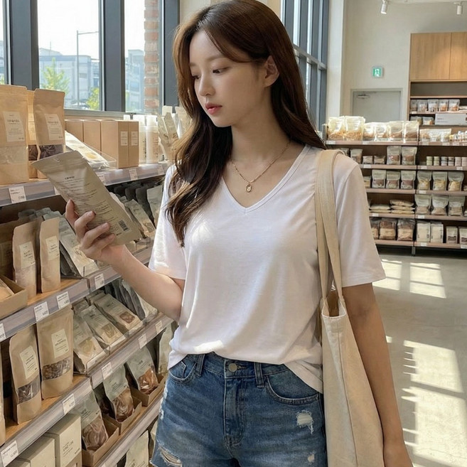 상상그이상 여성용 찰랑 레이온 무지 브이넥 반팔 티셔츠