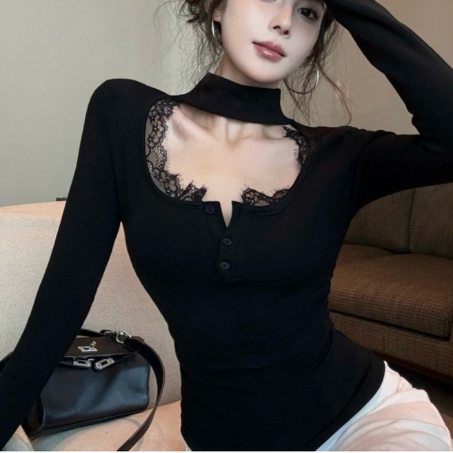 TIMEPURE 여성 레이스 V넥 긴팔 상의 넥 서스펜더 디자인 탑 청순섹시 타이트 핏 인너 웨어 날씬해 보인 탑 슬림 바디콘 셔링 롱 슬리브