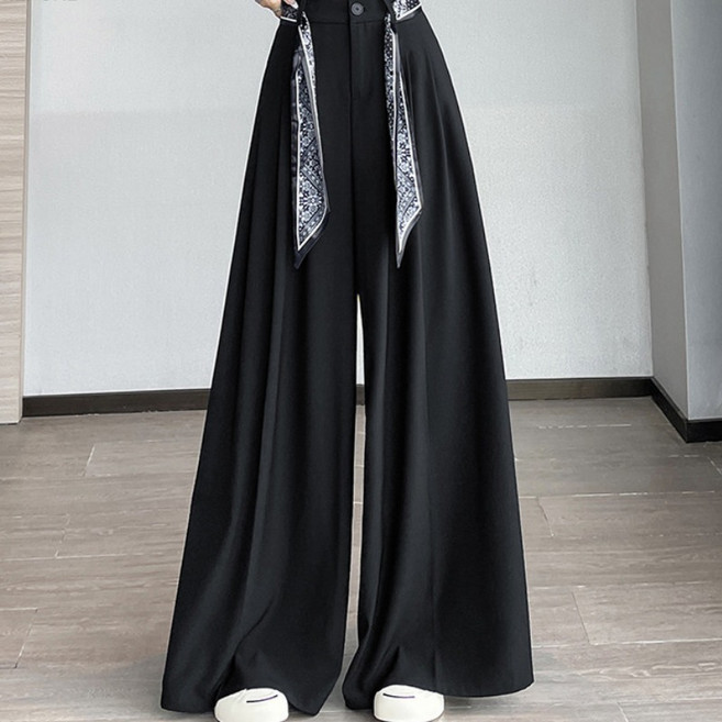 TIMEPURE 여성 실크 스카프 벨트 슬랙스 하이웨스트 와이드 팬츠