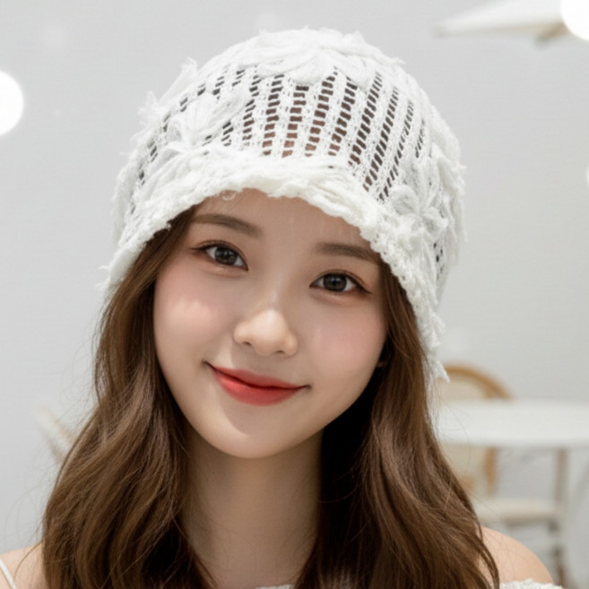 원픽 여성 감성 레이스 비니 모자 입체 플라워 통기성 펀칭 모자 C74