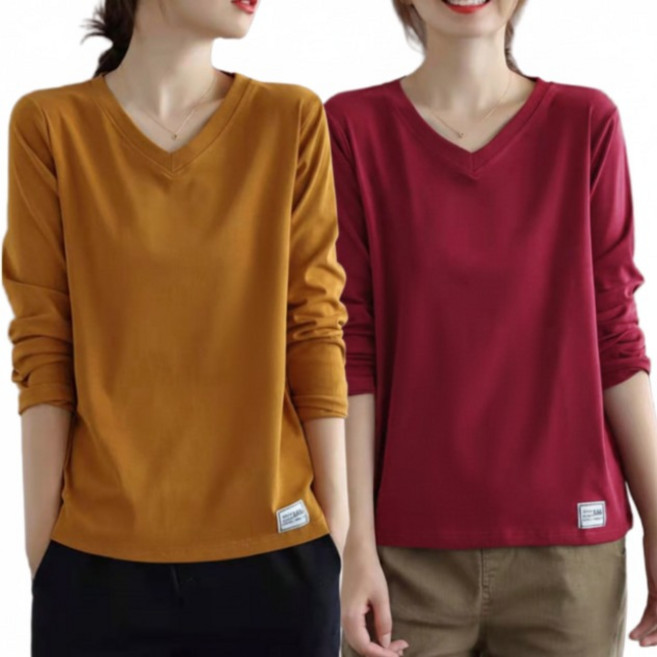 1+1 여성 솔리드 긴팔 티셔츠 봄 가을 빅사이즈 루즈핏 날씬해 보이는 패션 이너웨어 상의 투피스