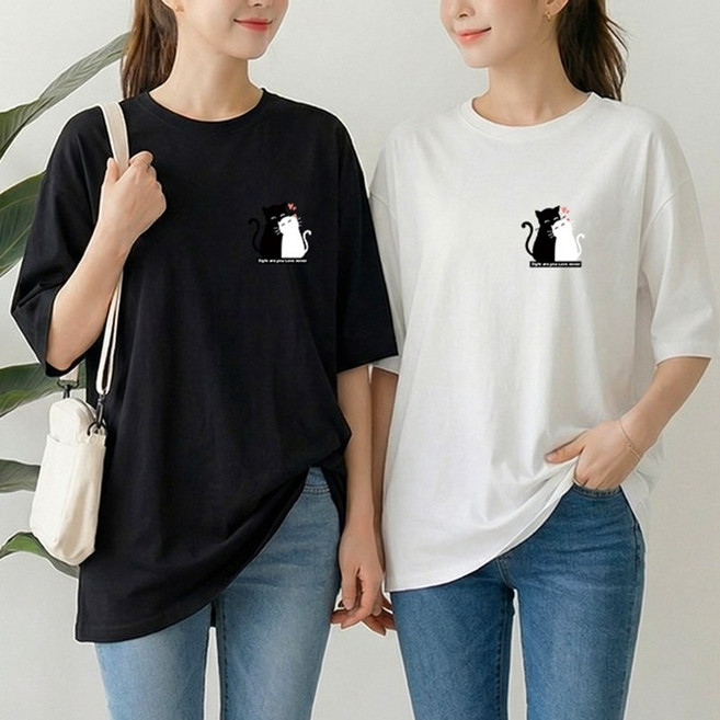 1+1 스타일아유 여성 어센틱 귀여운 고양이 프린트 여름 오버핏 롱 프린팅 박스 반팔 티셔츠 2P TS3939