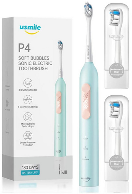 [새해 선물] 유스마일 음파 전동칫솔 P4 1회충전 180일사용 IPX7 방수 칫솔모2개 포함, 블루, 유스마일 P4