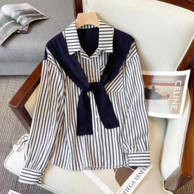 여성용 페이크 목도리 머플러 셔츠 스트라이프 루즈핏 남방