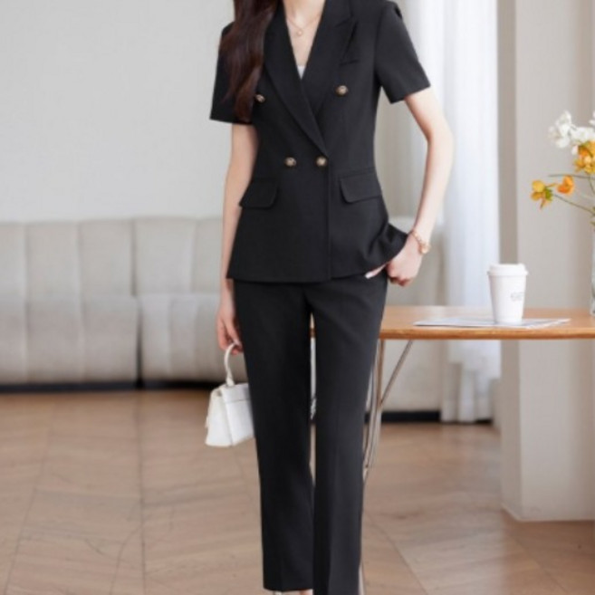 COSYEVNO 여름 여성 정장 세트 반팔 코트+바지 오피스룩 슬림핏 면접 트렌드 시크 직장인 투피스