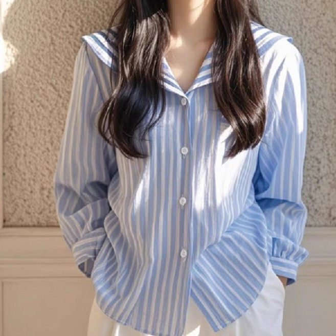 Toruva 캐주얼 봄여름 스트라이프 와이드 칼라 긴팔 셔츠 버튼 클로징