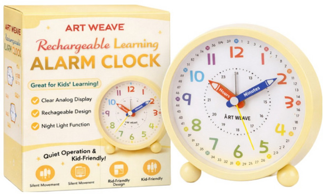 아트위브 시계공부 학습겸용 컬러풀 알람 탁상시계, 라운드 옐로우