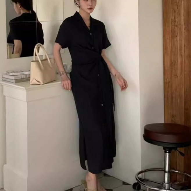 FIRSGIRL 여성 셔츠 롱 원피스 반팔 허리벨트 A라인 여름 체형커버 데일리