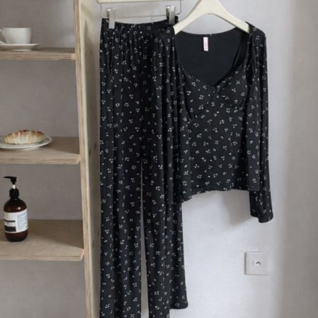 제이로 부드러운 모달 잠옷 세트 잔꽃 파자마 캡내장 3종세트 홈웨어