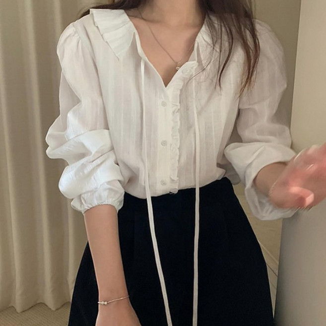 여성 여자 카라넥 레이스 타이 끈 청순 블라우스