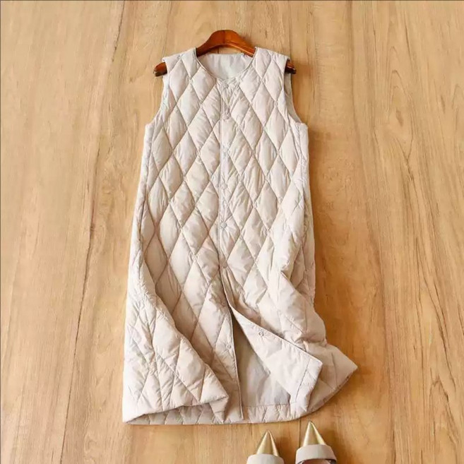겨울 여성 라운드넥 다이아 누빔 롱패딩조끼 H라인 경량 민소매 데일리 아우터