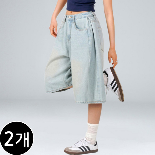 2장 세트 남녀공용 사이드 턱 워싱 와이드 버뮤다 데님 팬츠 반바지 빅사이즈 (6571-2)