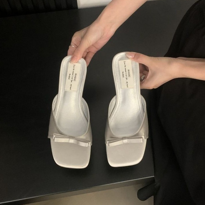 COSYEVNO 여성용 봄여름 리본 장식 스퀘어토 뮬 슬리퍼 낮은굽 샌들 Tzkggtx-1