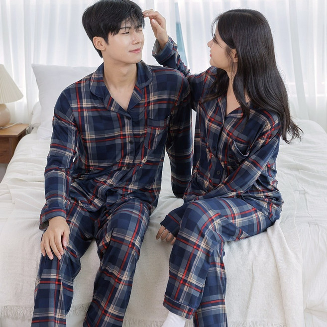 남여공용 커플 체크 긴팔 잠옷 파자마