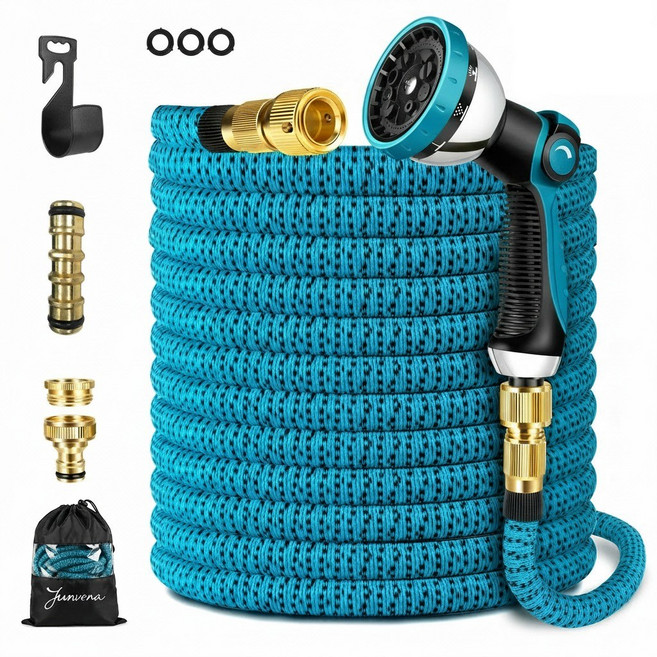 신축식 신축형 매직 호스 꼬임방지 원터치 물호스 10단계 멀티 노즐 분사기 포함 라텍스+편사 내구성 가벼운 수납 간편 세차 정원 베란다용, 블루 30m, 1개