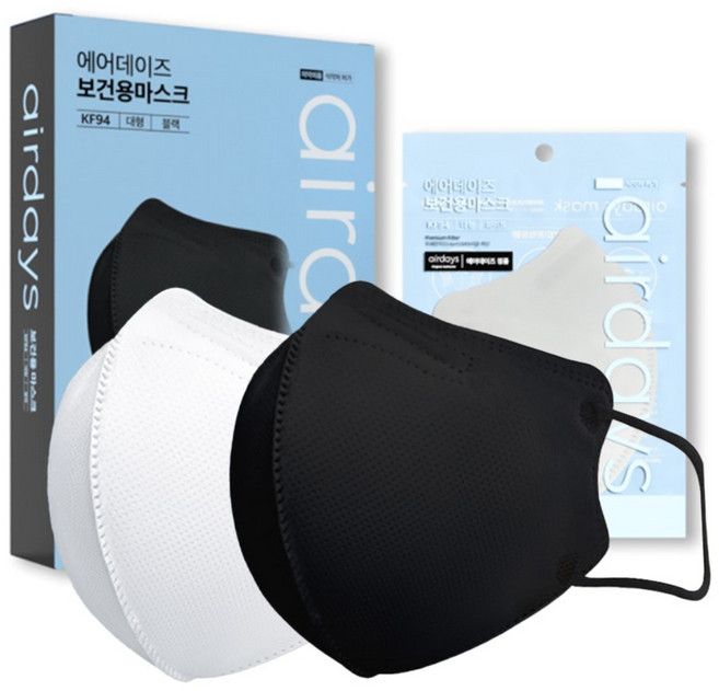 에어데이즈 KF94 블랙 화이트 새부리 마스크 대형, 블랙 100매