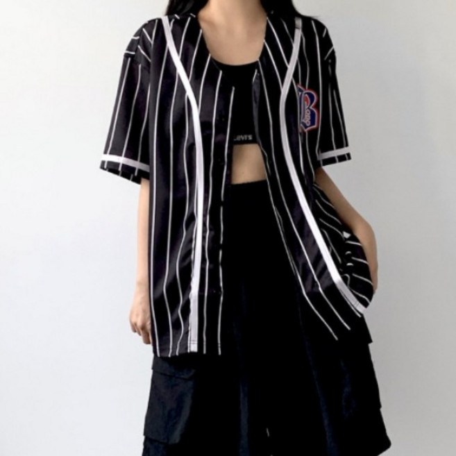 모모핏 클래식 B로고 스트라이프 야구져지 블록코어 Y2K