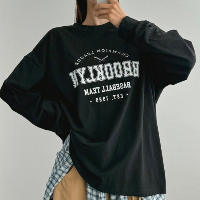 베이스 여성 오버핏 라운드넥 긴팔 면100% 롱박스 티셔츠 봄 가을용