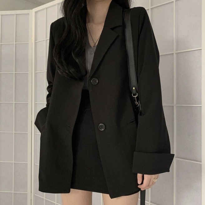韓版氣質寬鬆小西服外套 防曬外套 女裝 上衣, 黑色
