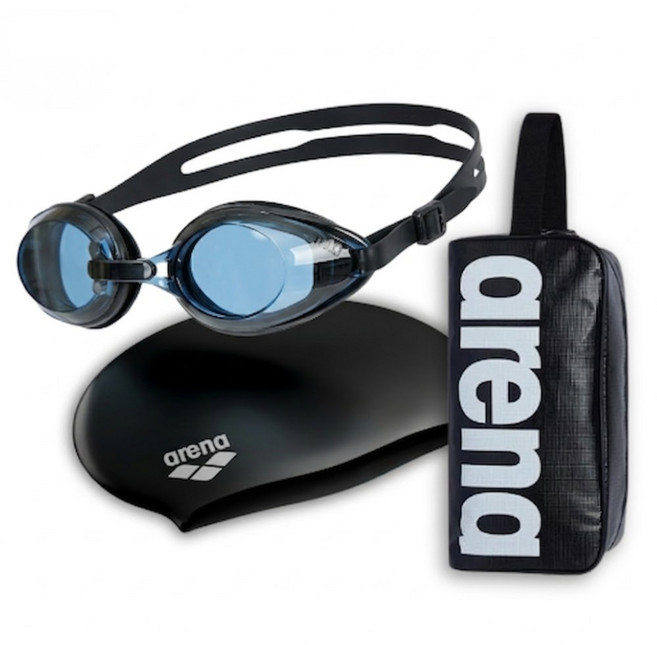 아레나 수경 수모 수영가방 세트 성인 물안경 수영모자, 1개, 블랙