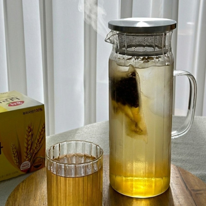 비안로 스텐 304 뚜껑 내열유리 냉장고 물병, 1개, 1L, 투명